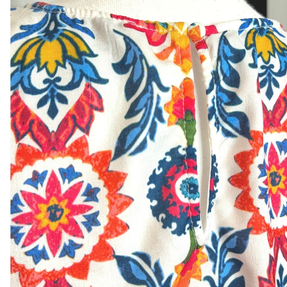 AURA Medallion Mini Dress S White Multicolor Boho Tassel Sleeve Tie Waist Summer - Picture 7 of 12